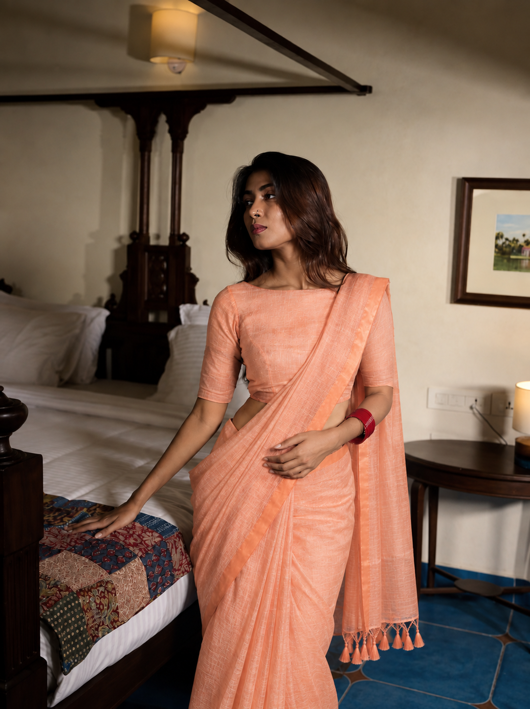 Peach Mangalagiri Silk Saree with Blouse