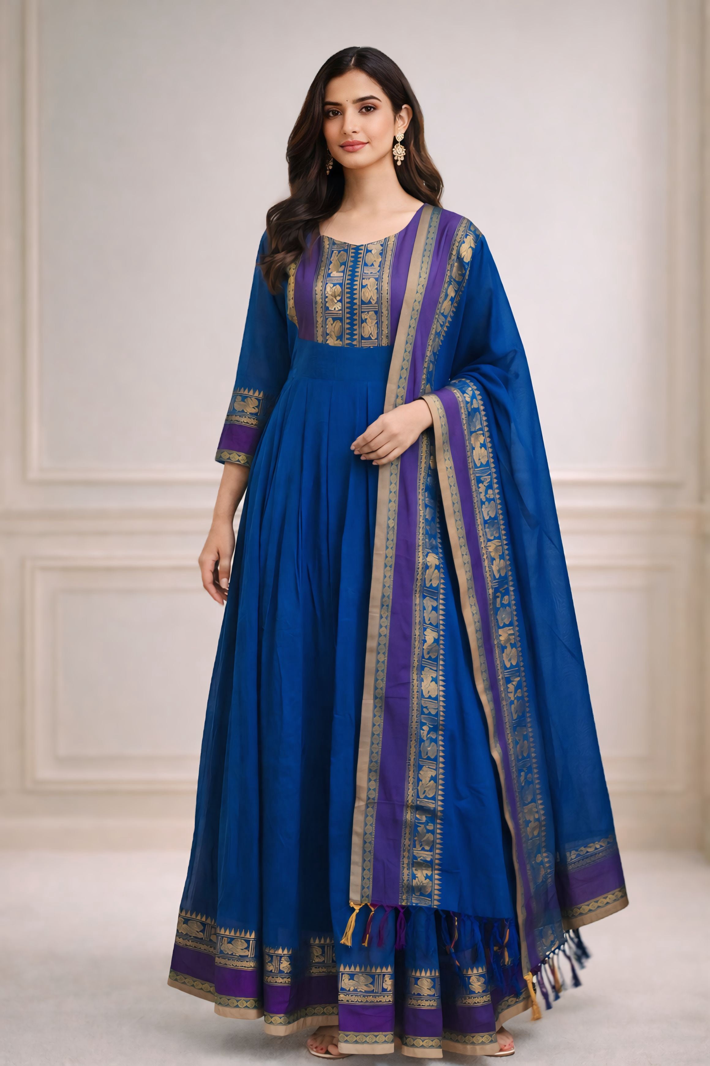 Pure Kanchi Cotton  Blue Anarkali Set