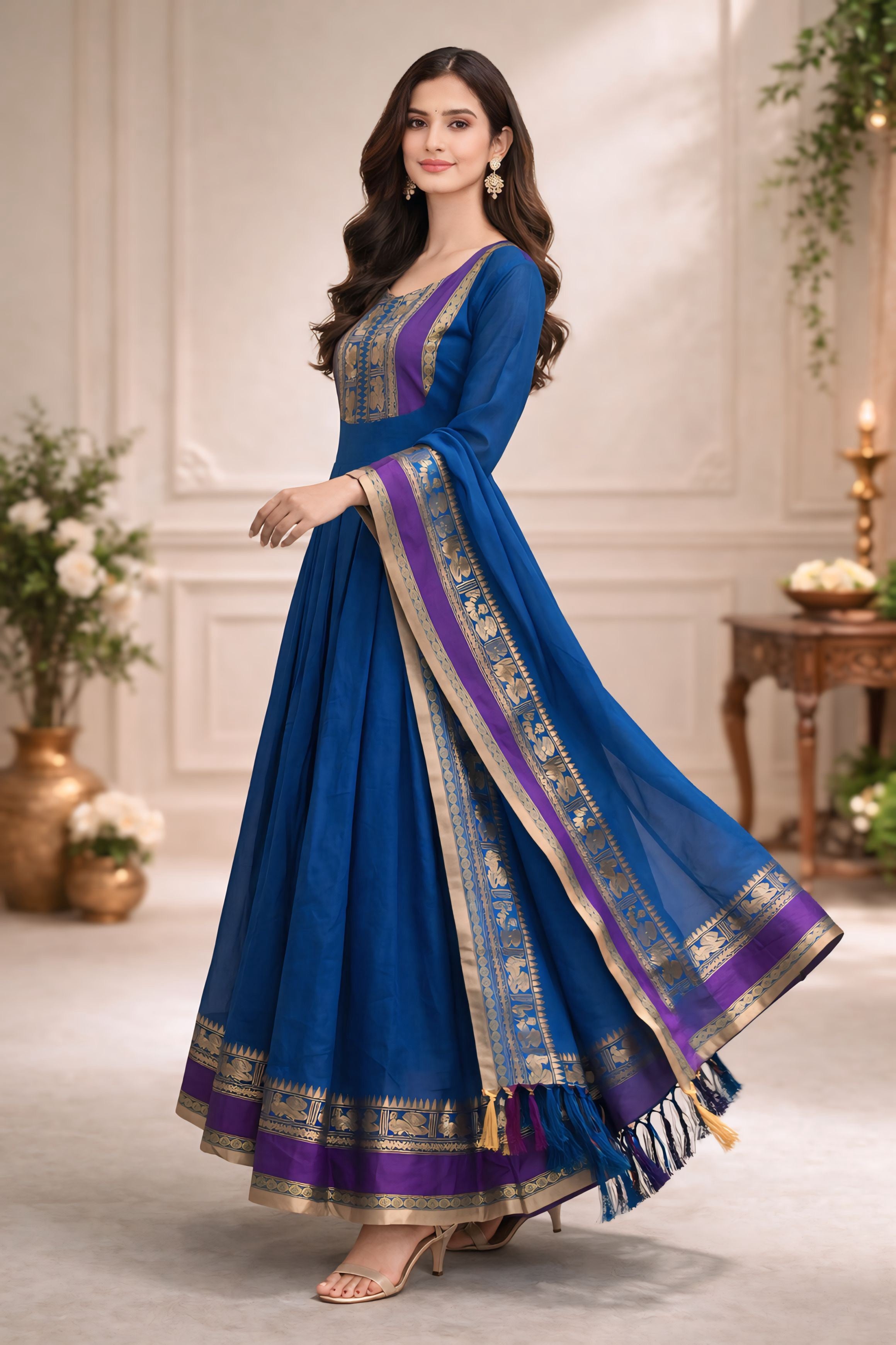 Pure Kanchi Cotton  Blue Anarkali Set