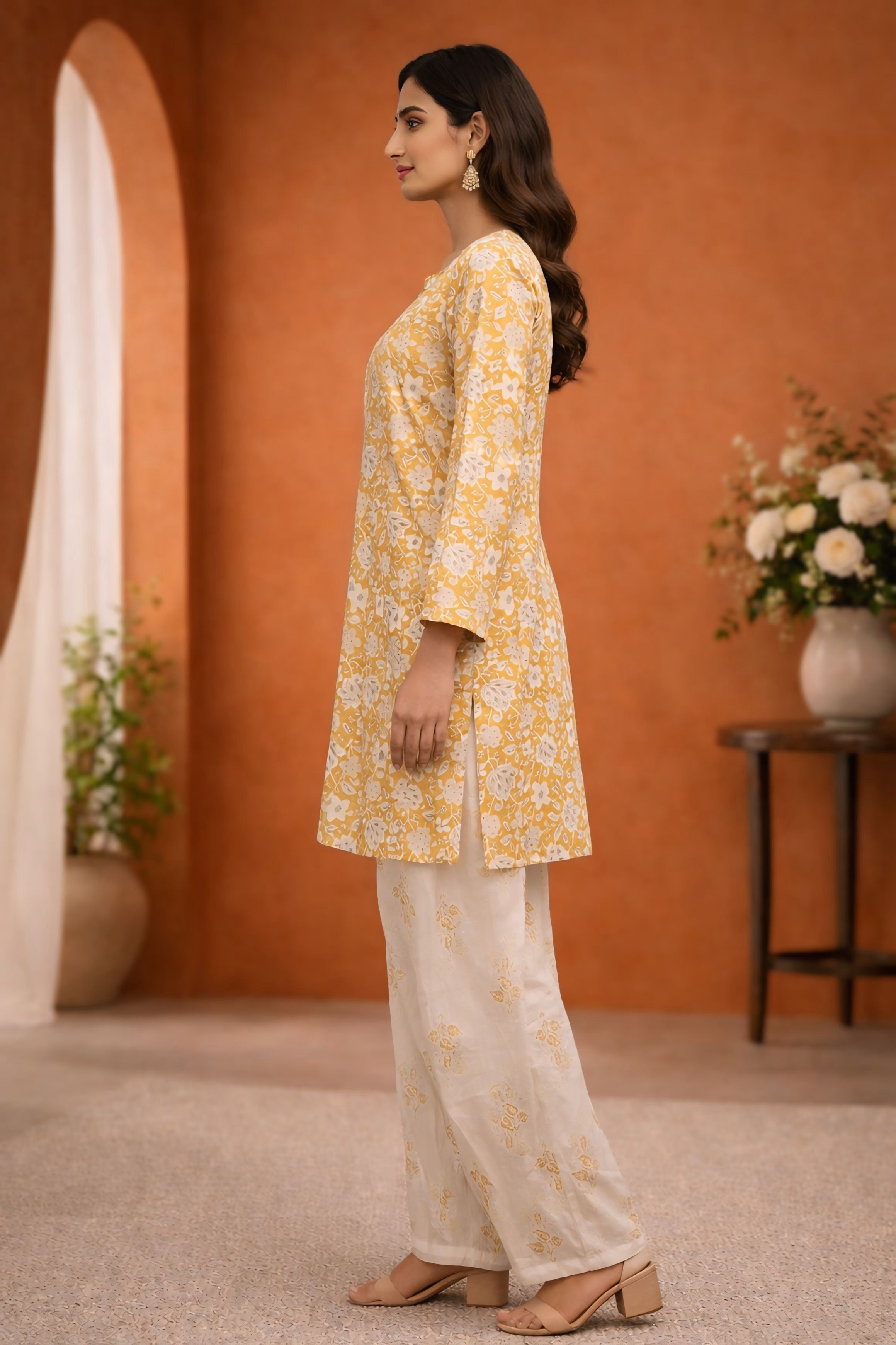 Yellow Floral Kurti with White Dhoti Pant