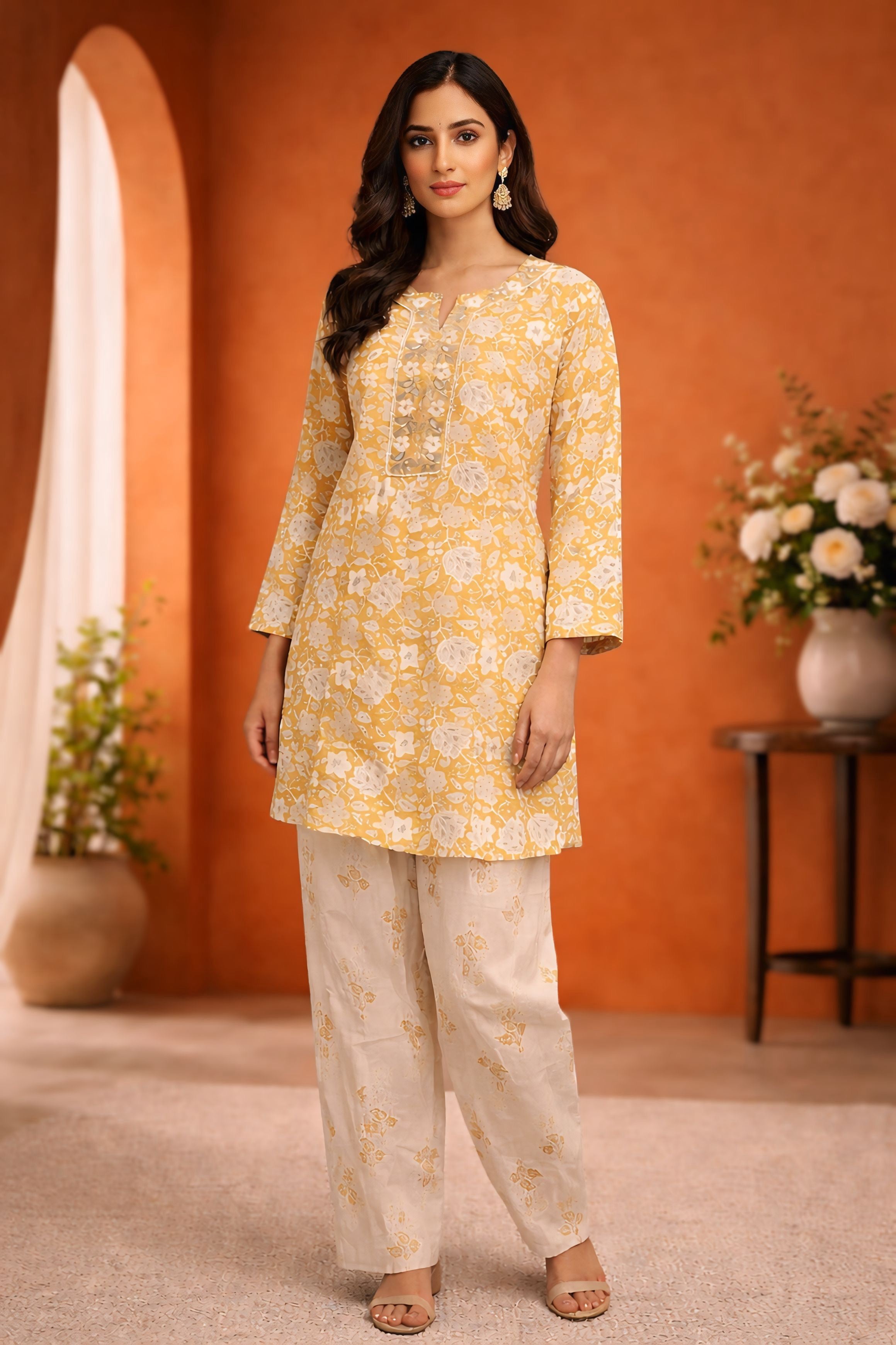 Yellow Floral Kurti with White Dhoti Pant