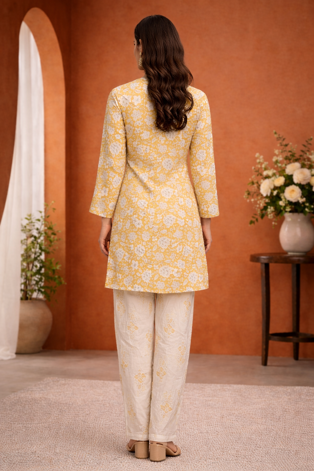 Yellow Floral Kurti with White Dhoti Pant