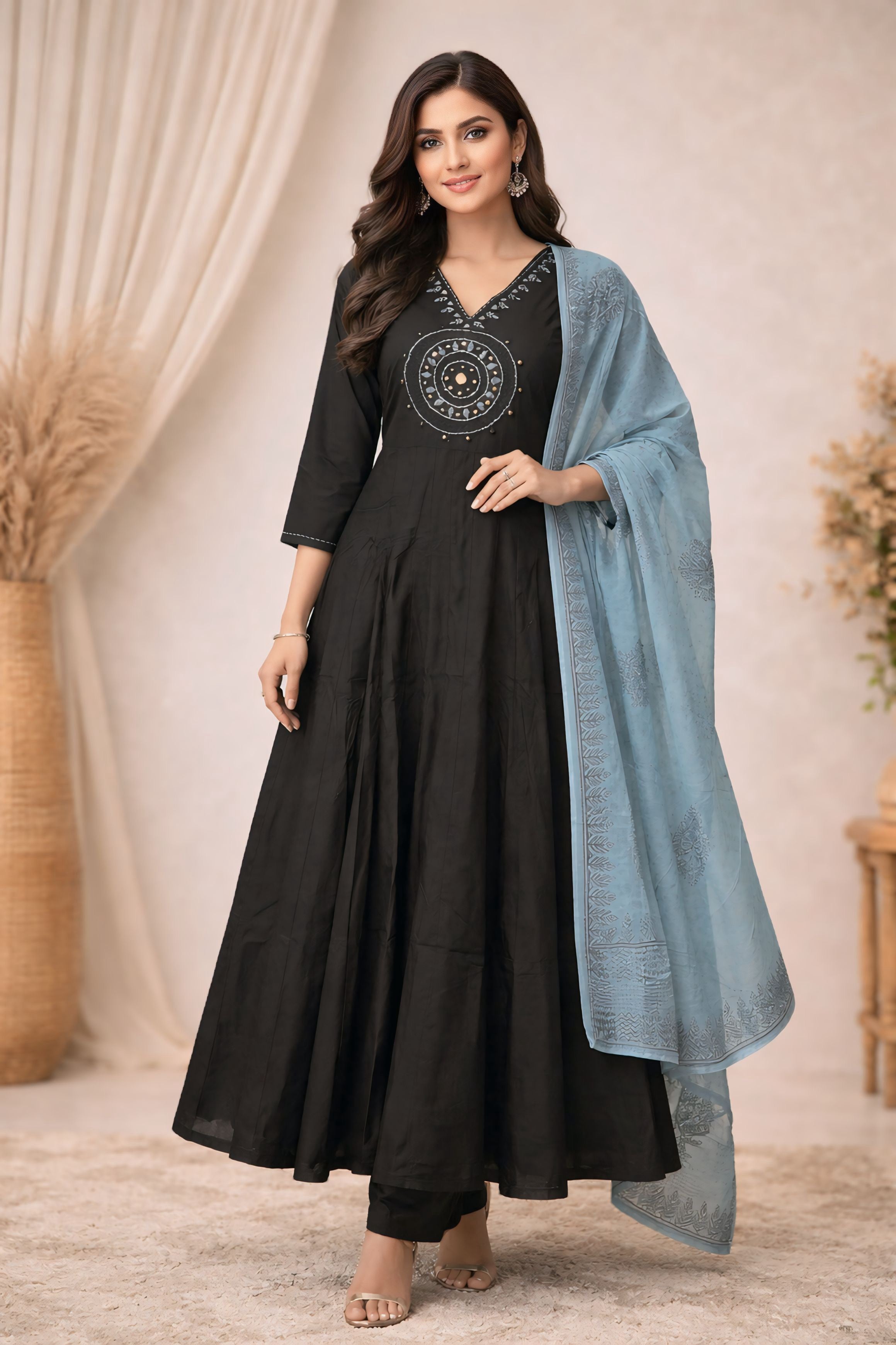 Black and Blue Flare Anarkali Set