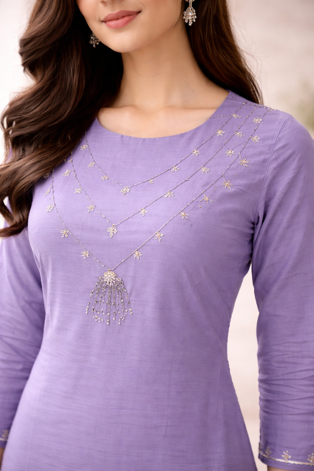 Lavender Floral Embroidered Kurti Set with Dupatta