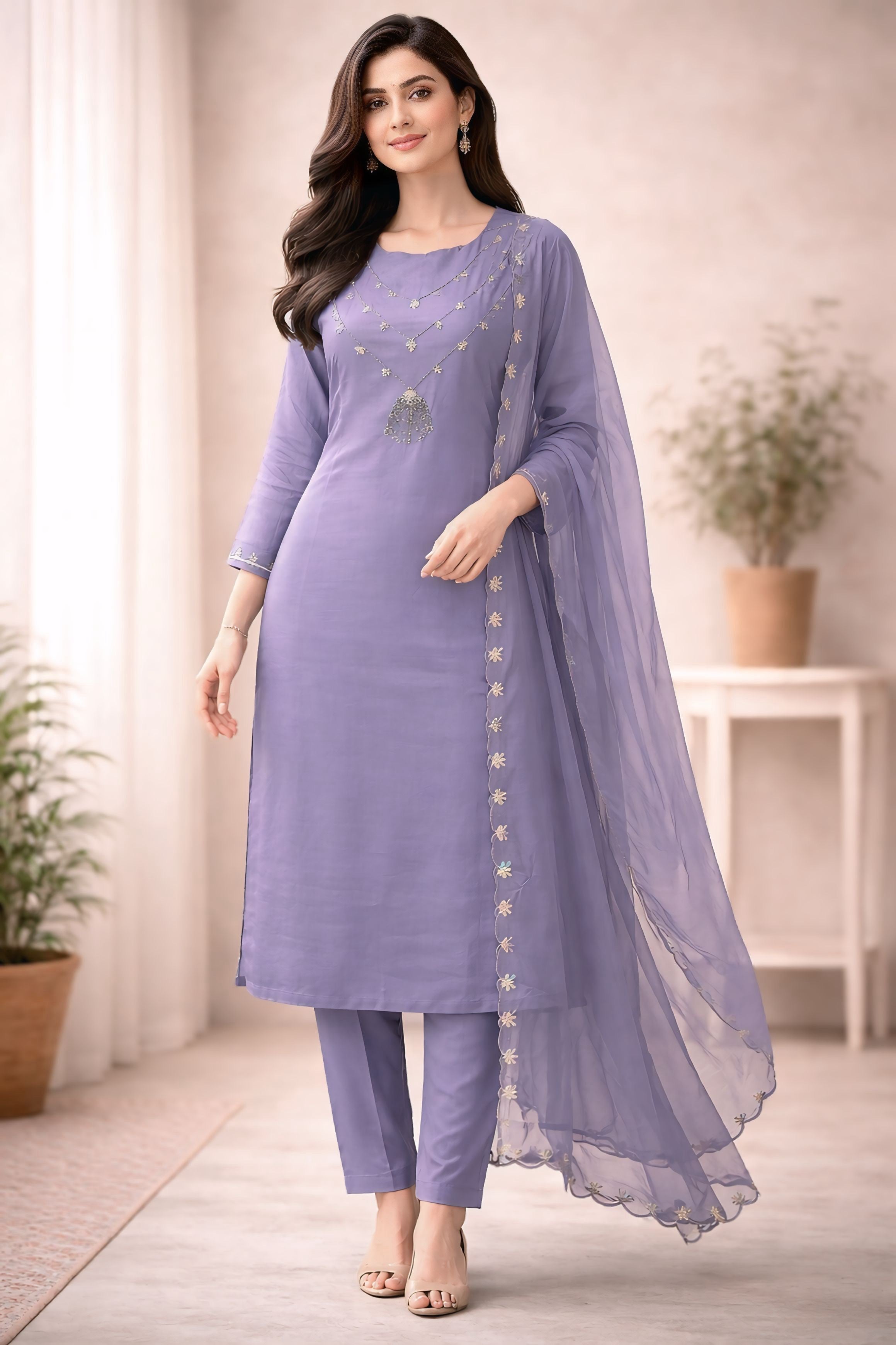 Lavender Floral Embroidered Kurti Set with Dupatta