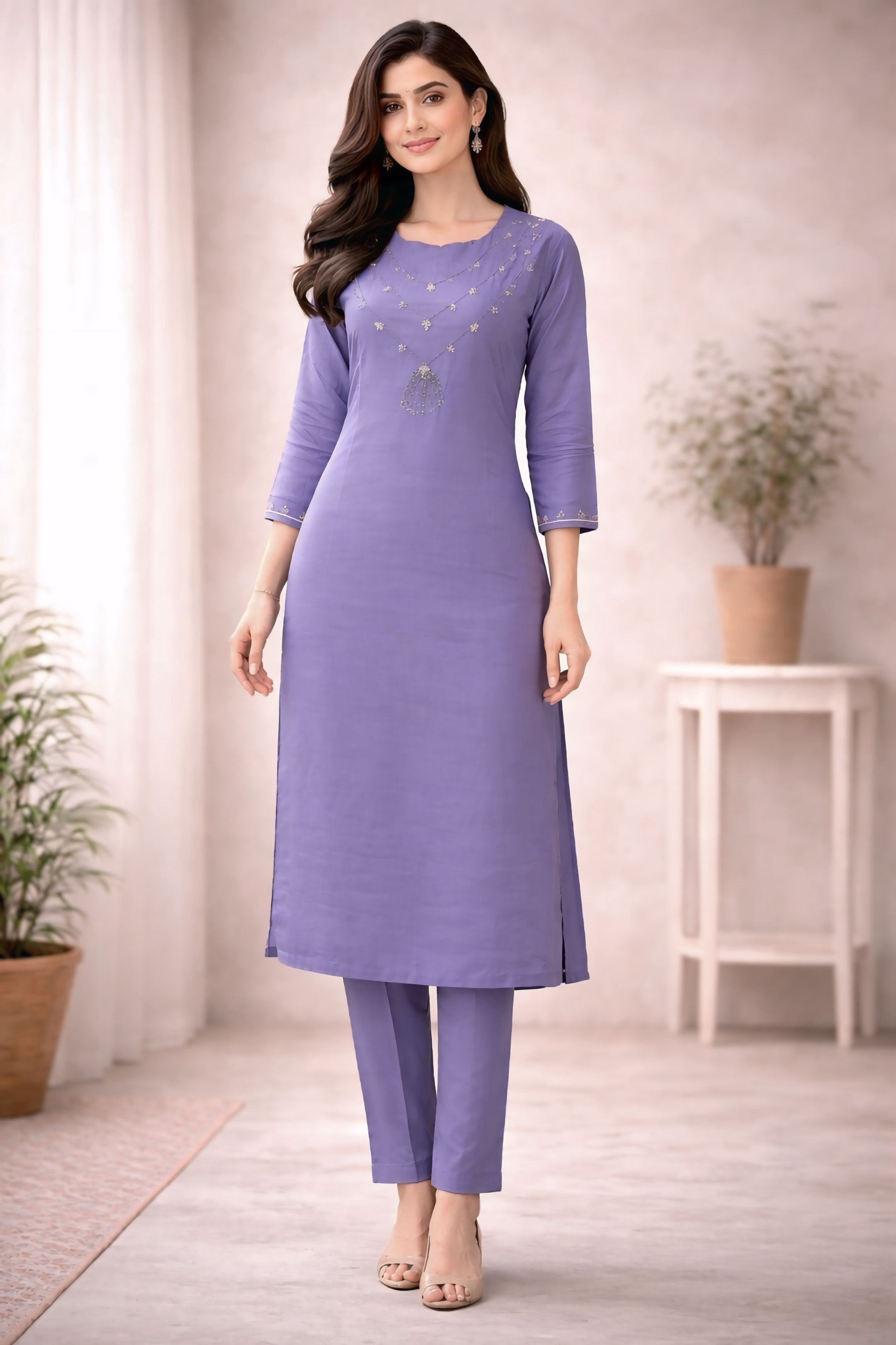 Lavender Floral Embroidered Kurti Set with Dupatta