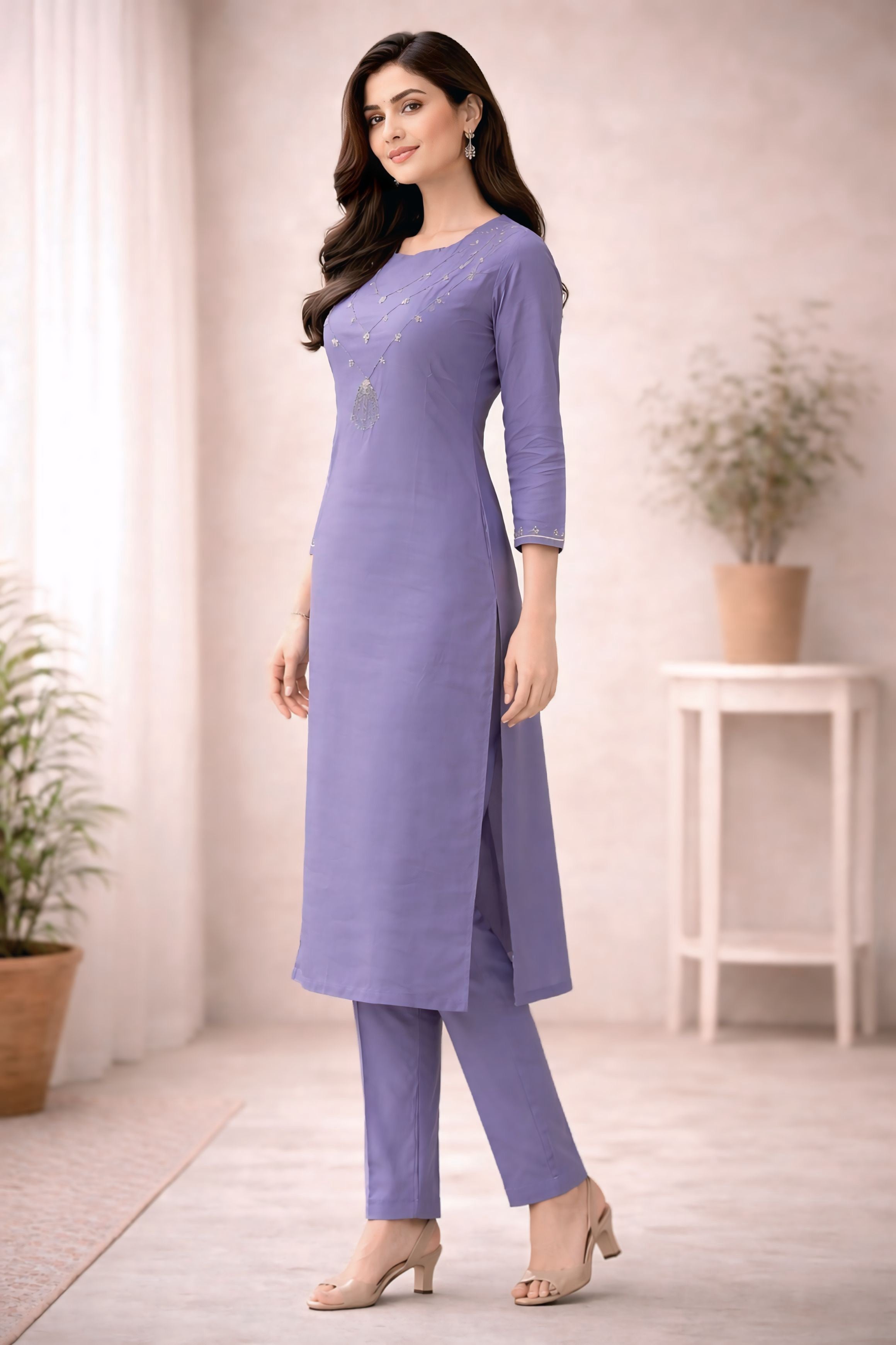 Lavender Floral Embroidered Kurti Set with Dupatta