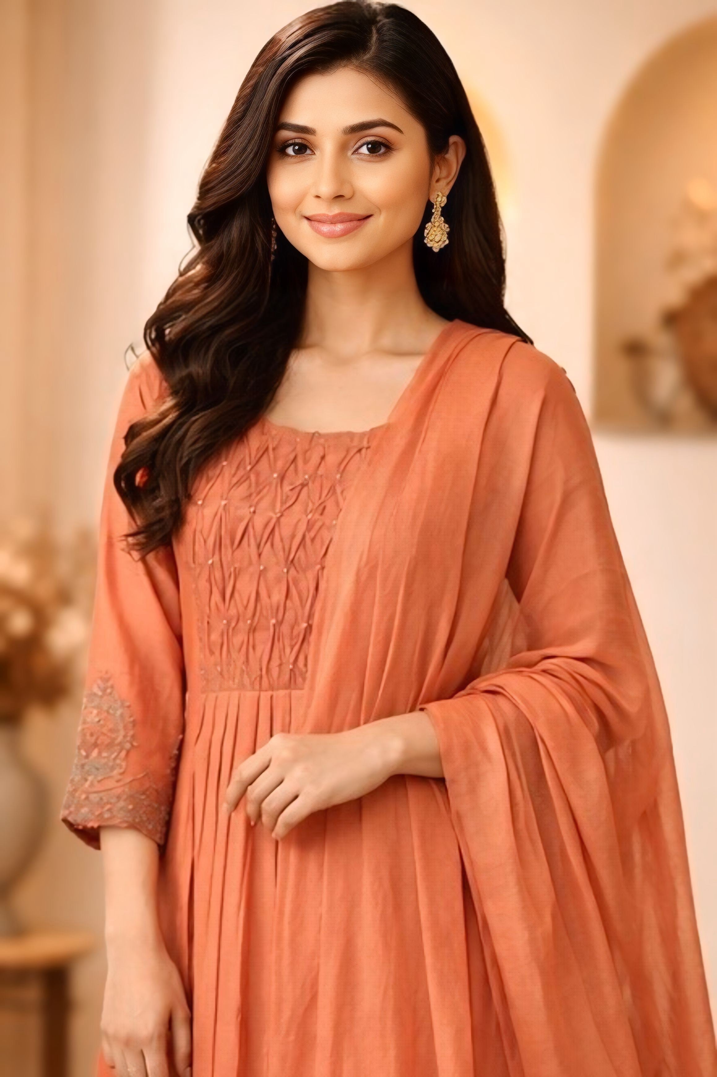 Peach Smock Neckline Salwar Set