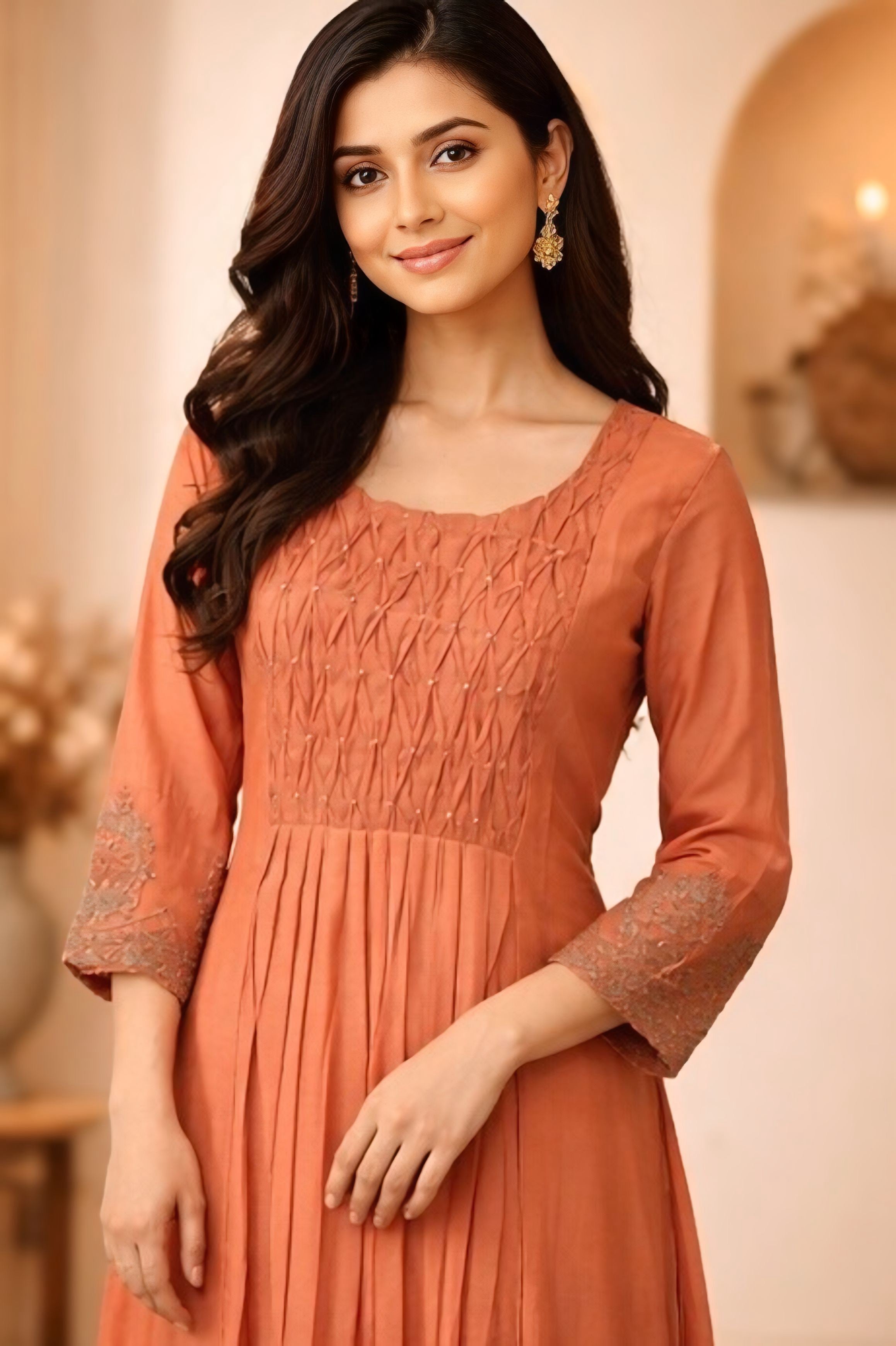 Peach Smock Neckline Salwar Set