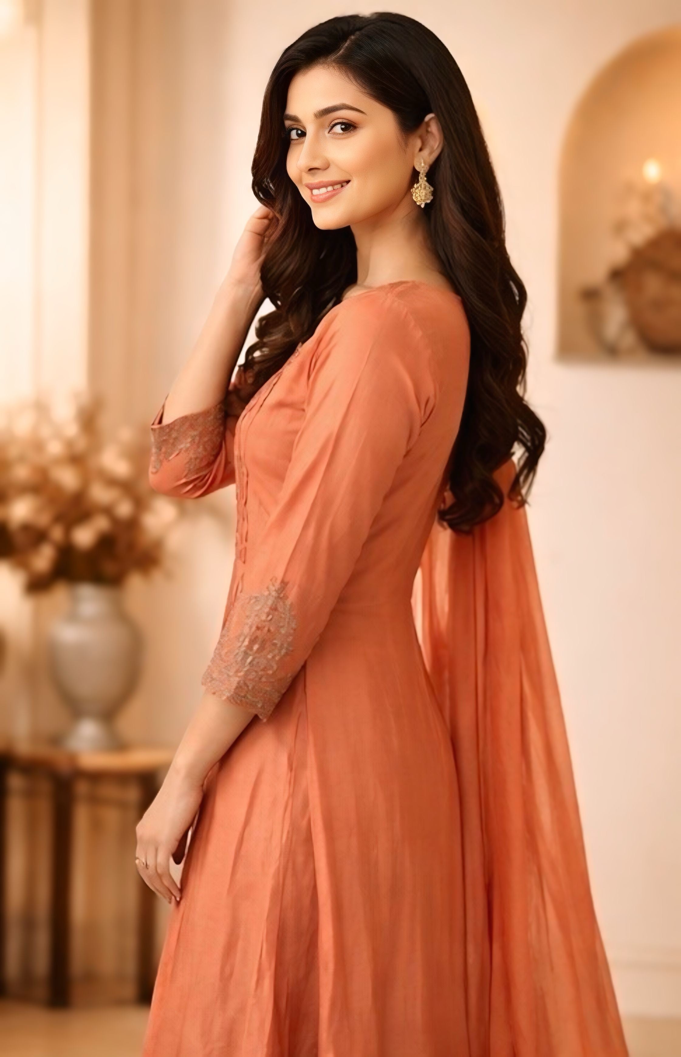 Peach Smock Neckline Salwar Set