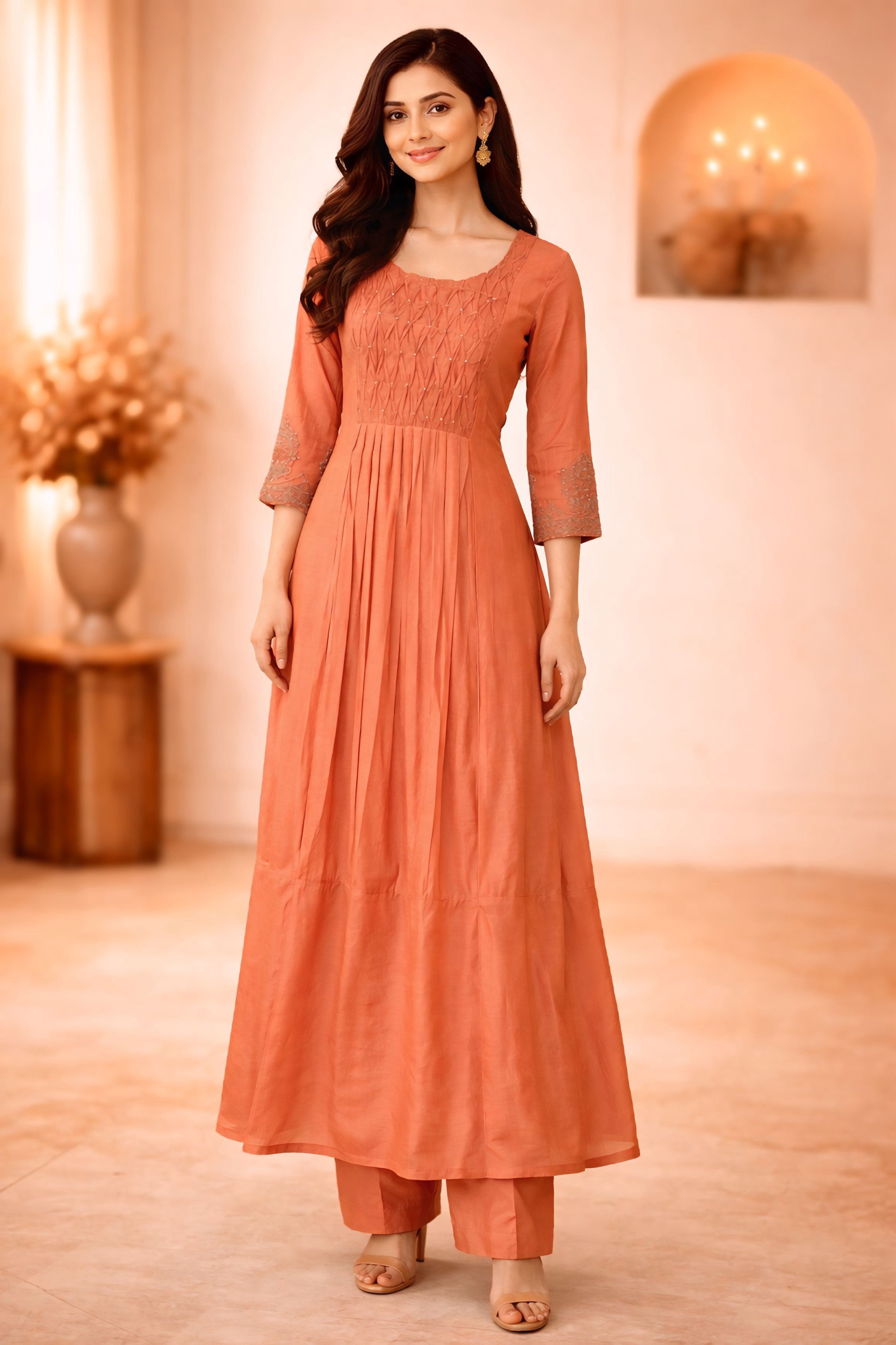 Peach Smock Neckline Salwar Set