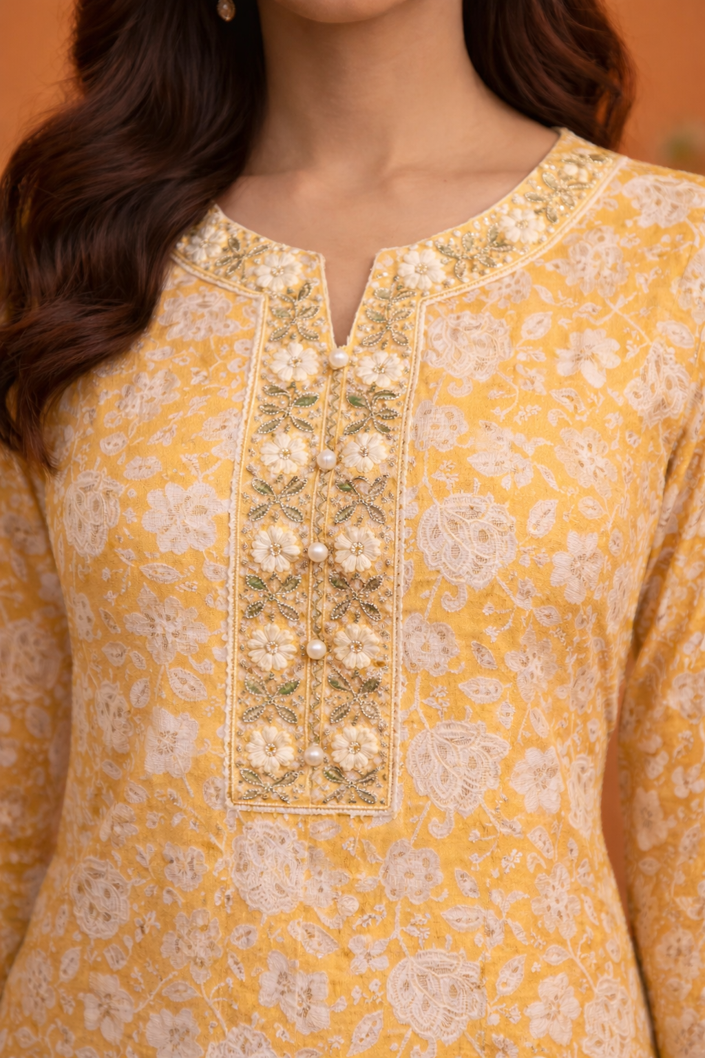 Yellow Floral Kurti with White Dhoti Pant