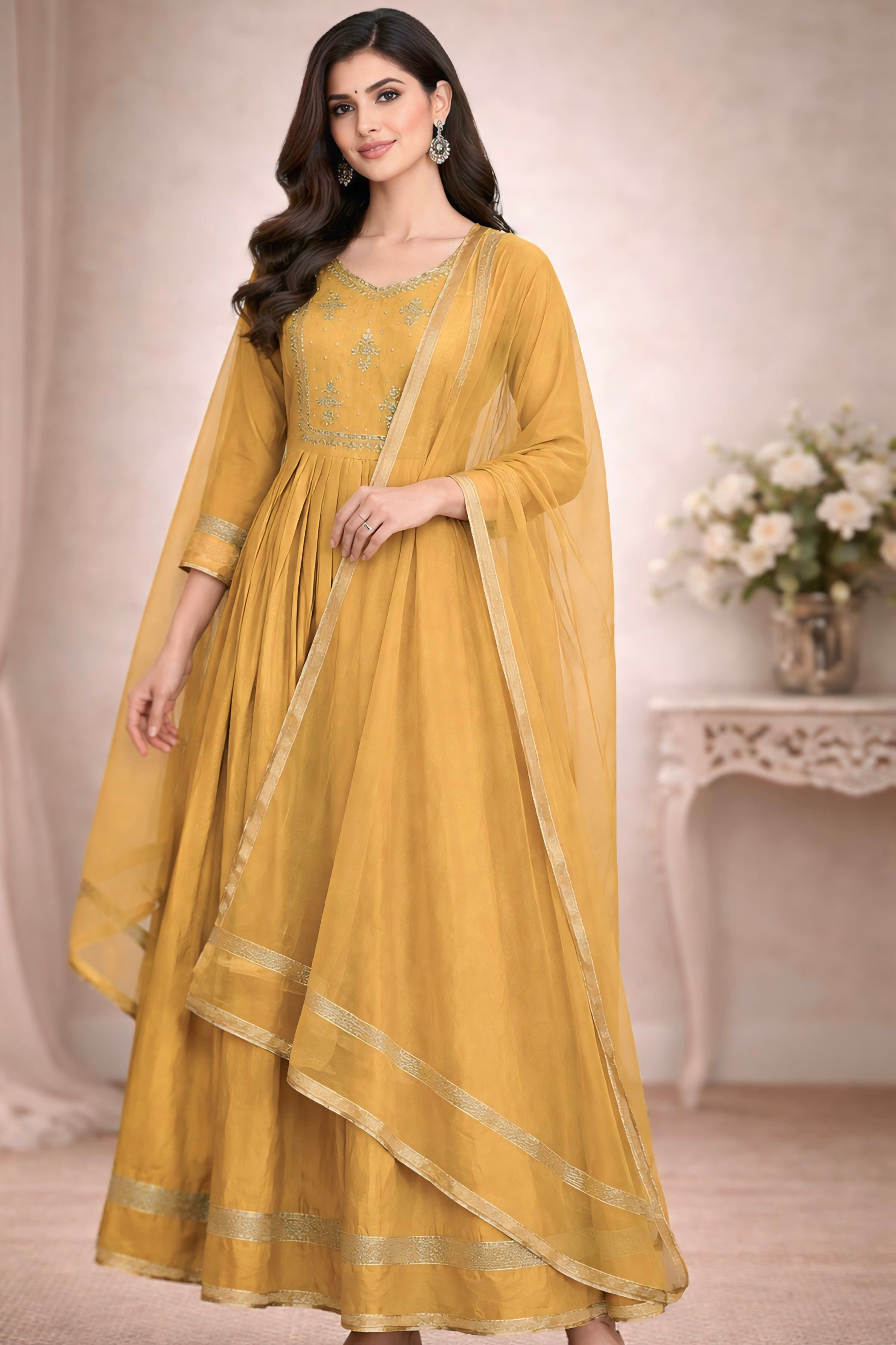 Mustard Yellow Anarkali Suit with Mirror Work