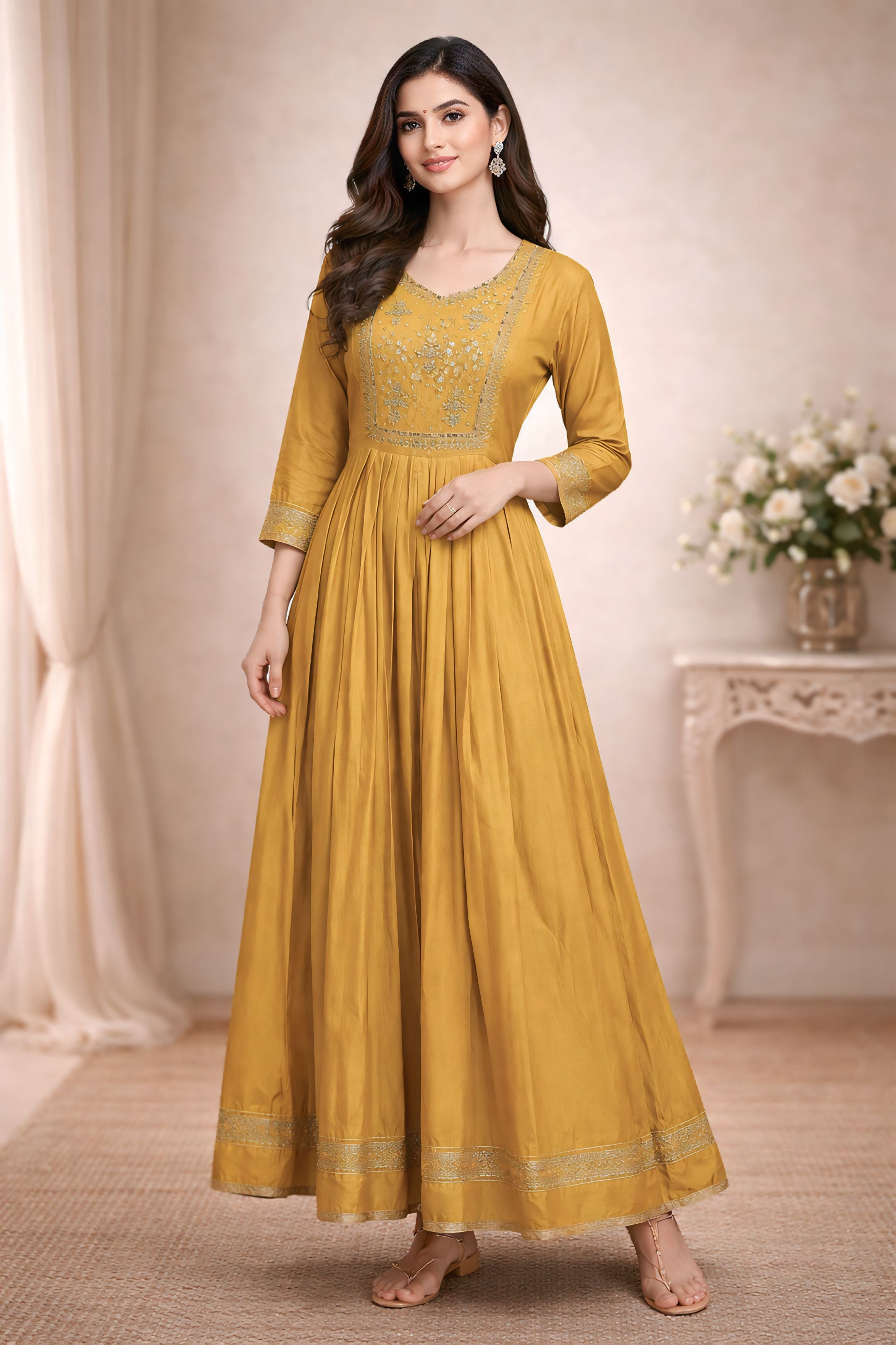 Mustard Yellow Anarkali Suit with Mirror Work