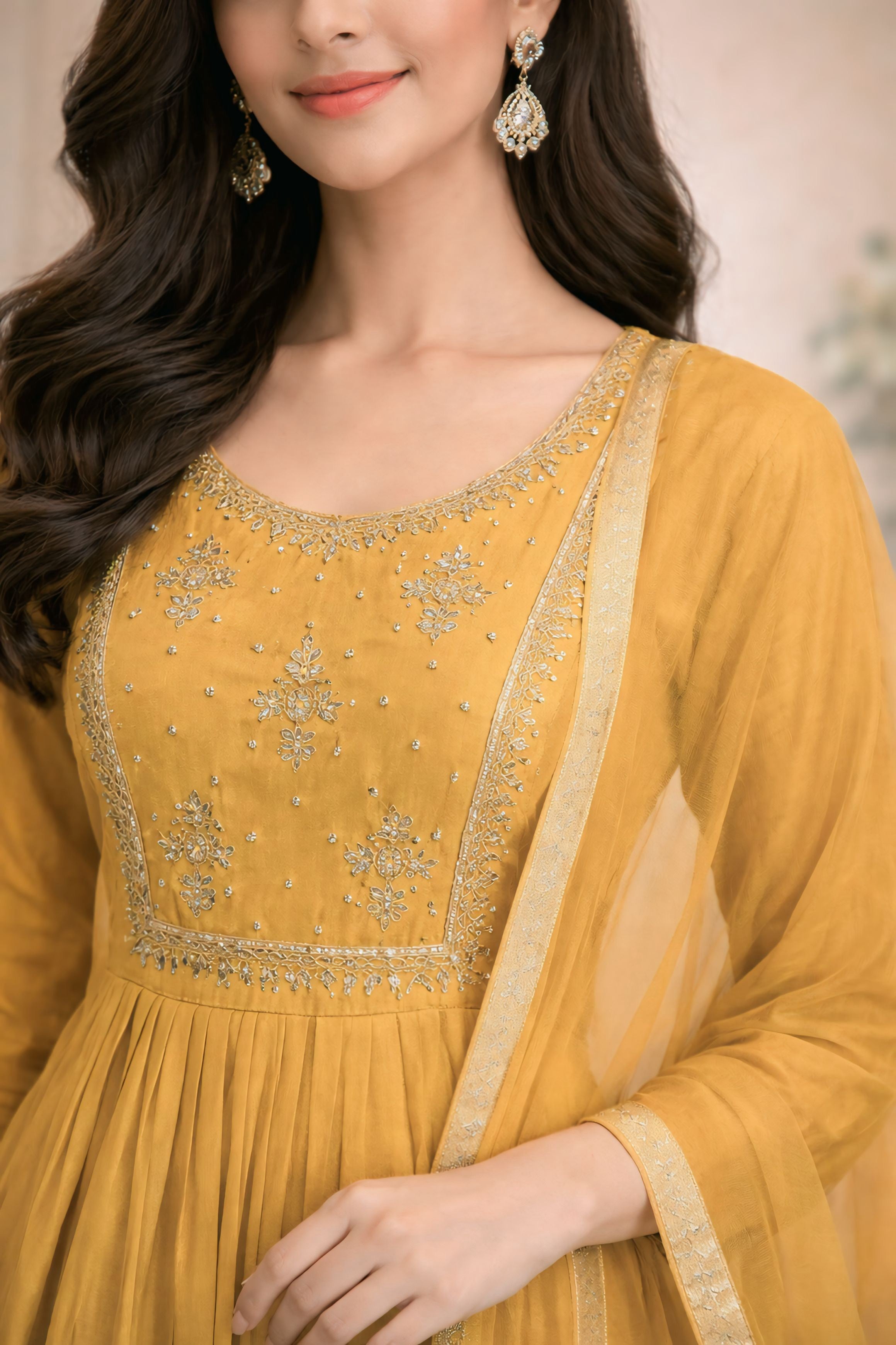 Mustard Yellow Anarkali Suit with Mirror Work