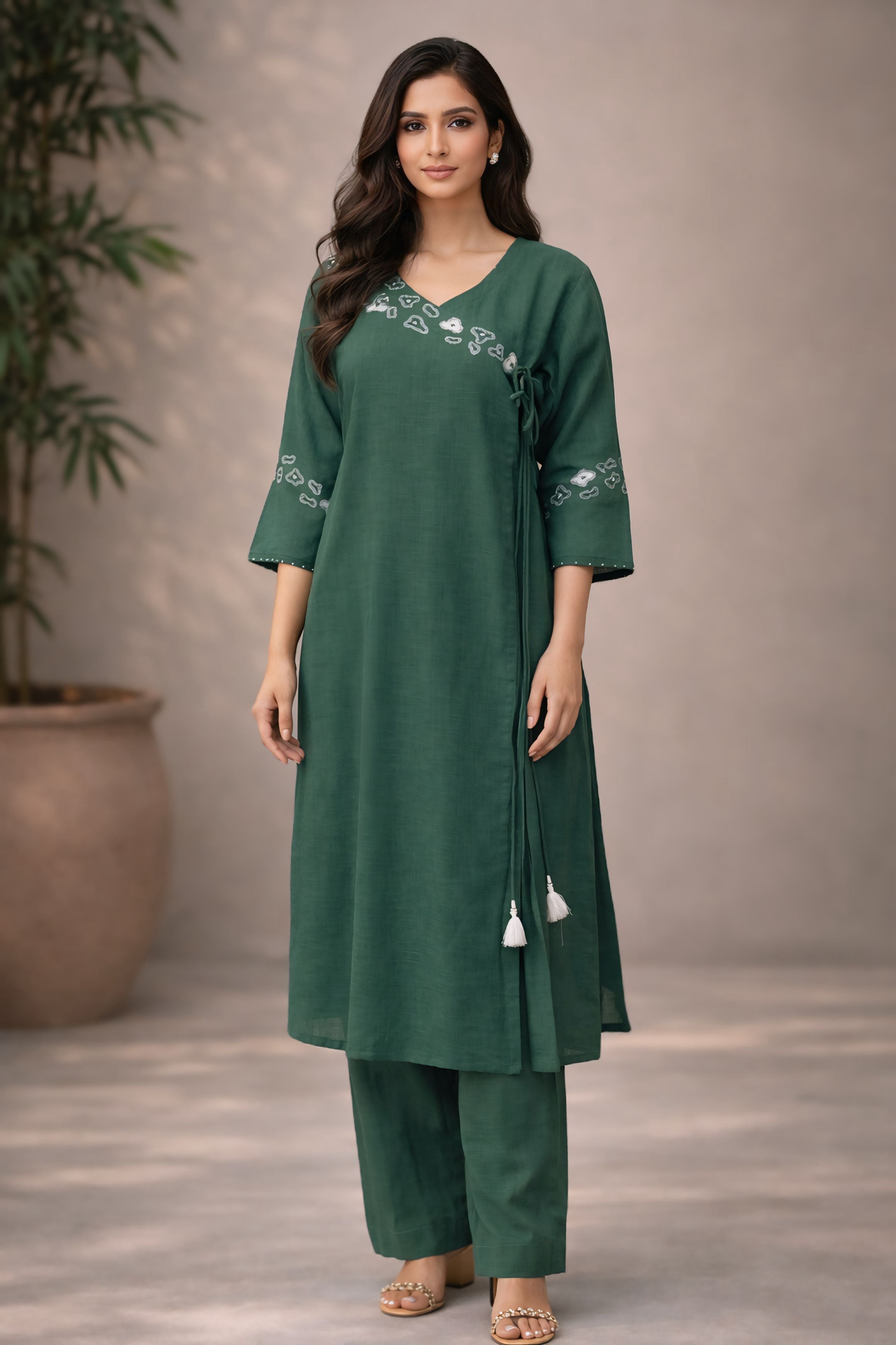 Olive Green Embroidered Kurti with Pants