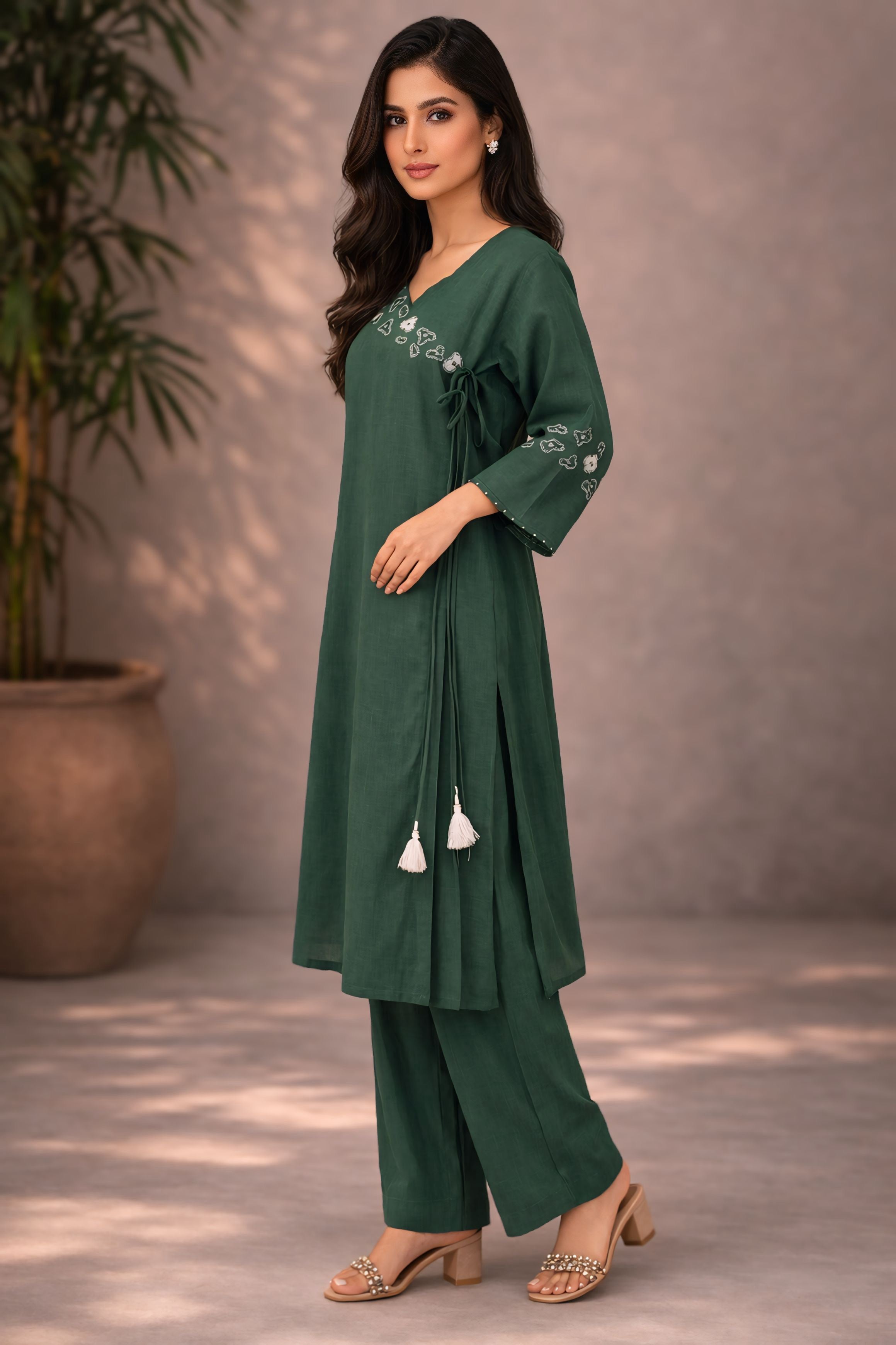 Olive Green Embroidered Kurti with Pants