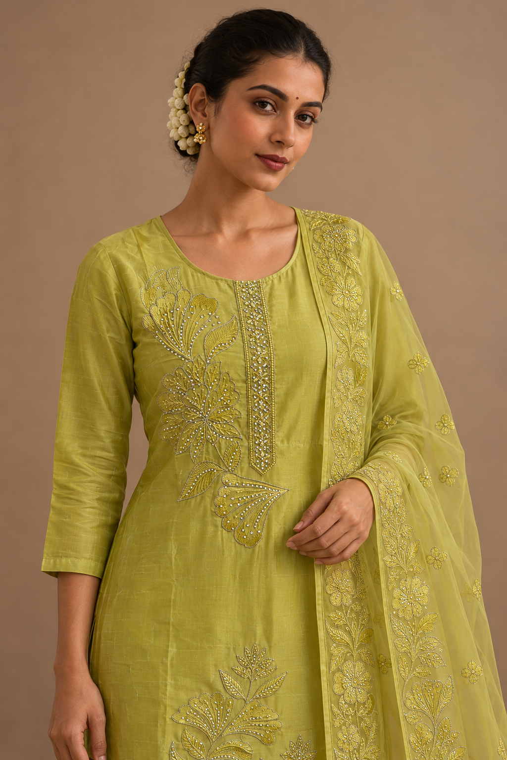 Olive green Chanderi Salwar Suit