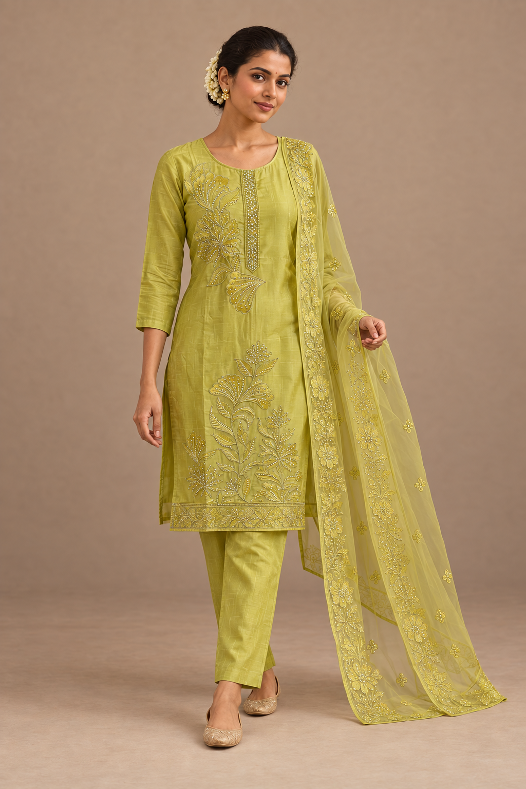 Olive green Chanderi Salwar Suit