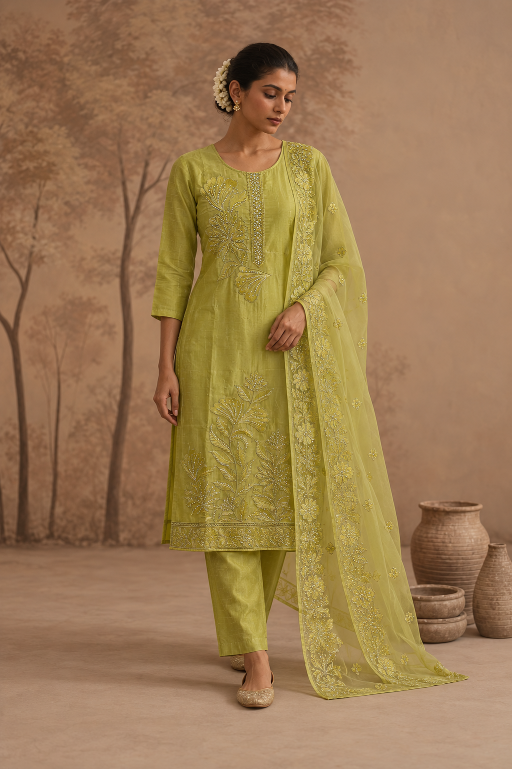 Olive green Chanderi Salwar Suit