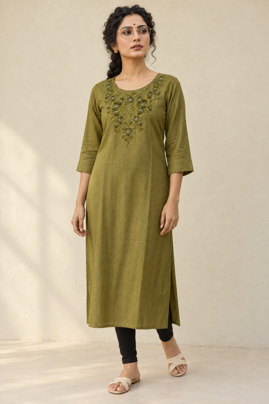 Olive Green Threadwork Kurta