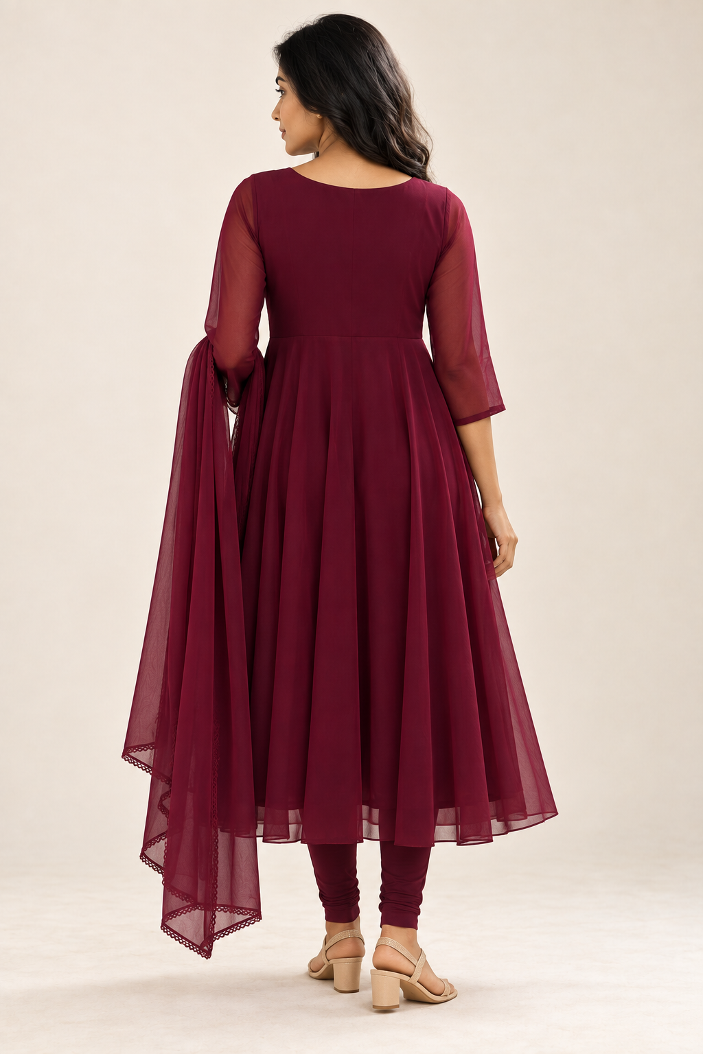 Maroon Gold-Beaded Chiffon Anarkali & Dupatta Set