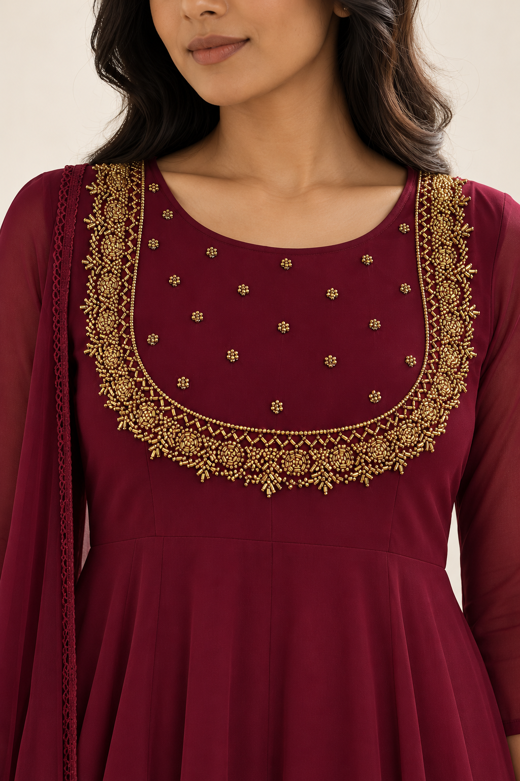 Maroon Gold-Beaded Chiffon Anarkali & Dupatta Set