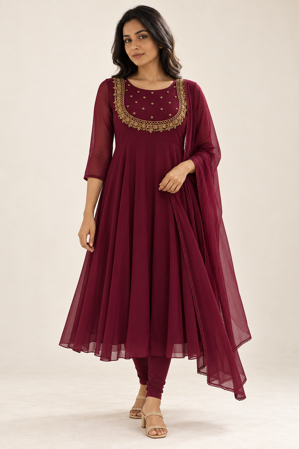 Maroon Gold-Beaded Chiffon Anarkali & Dupatta Set