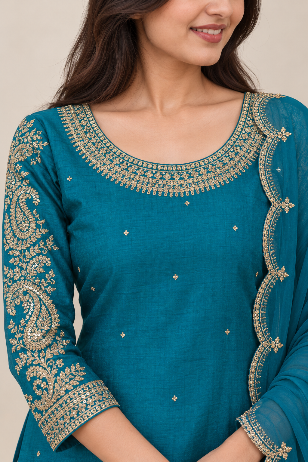 Teal Blue Mul Chanderi Salwar Suit