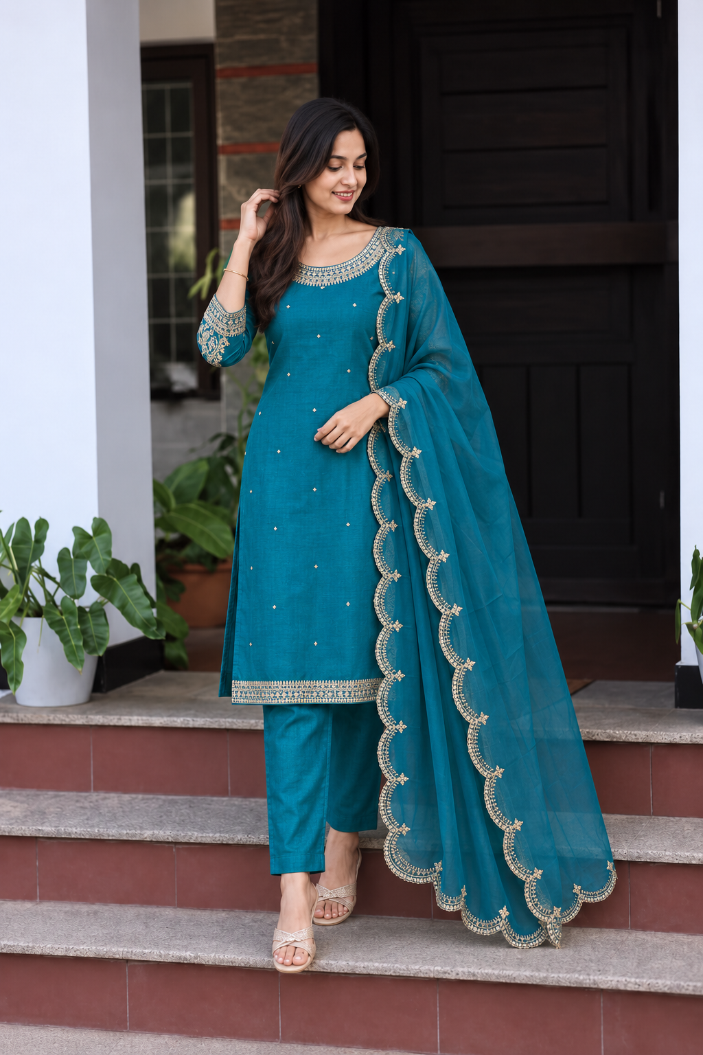 Teal Blue Mul Chanderi Salwar Suit
