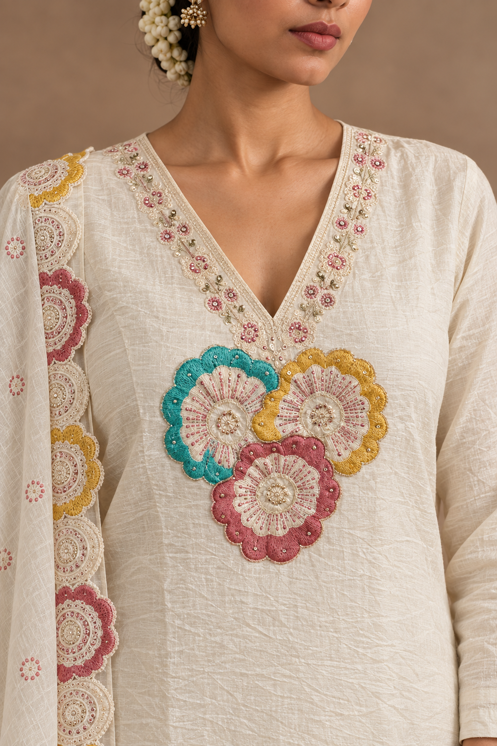 Ivory Floral Embroidered Salwar Suit