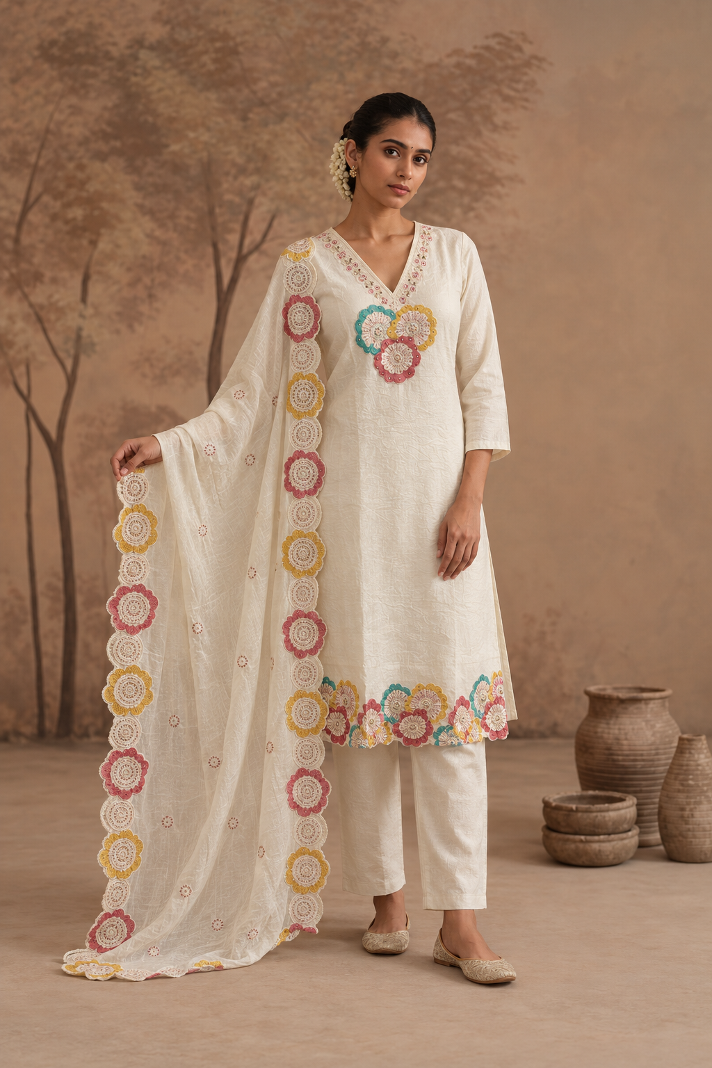 Ivory Floral Embroidered Salwar Suit