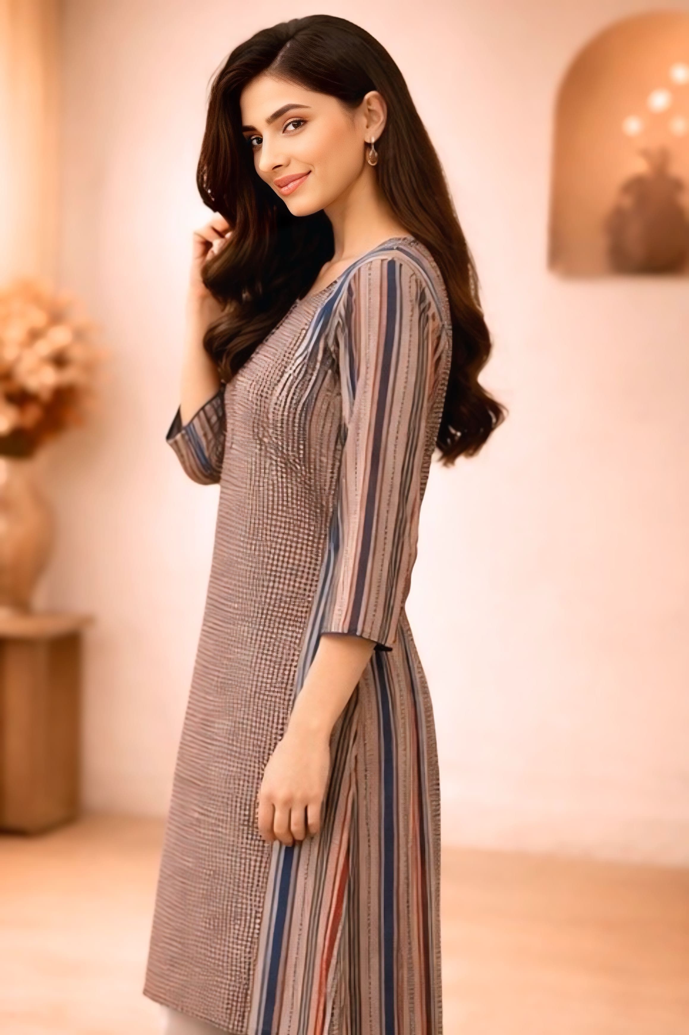 Beige Striped Kurta
