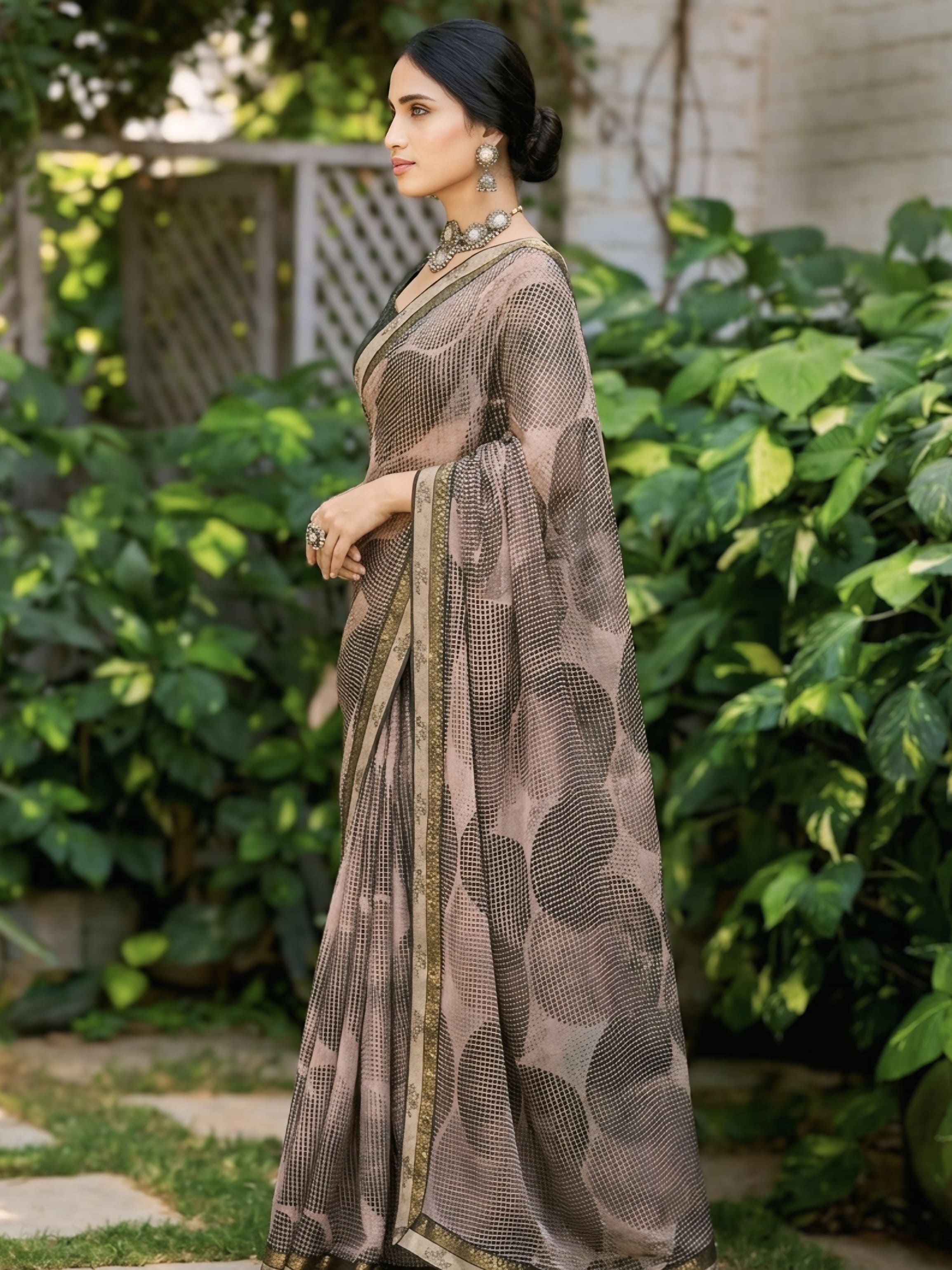 Brown  Zari Border Saree With Matching Blouse Piece