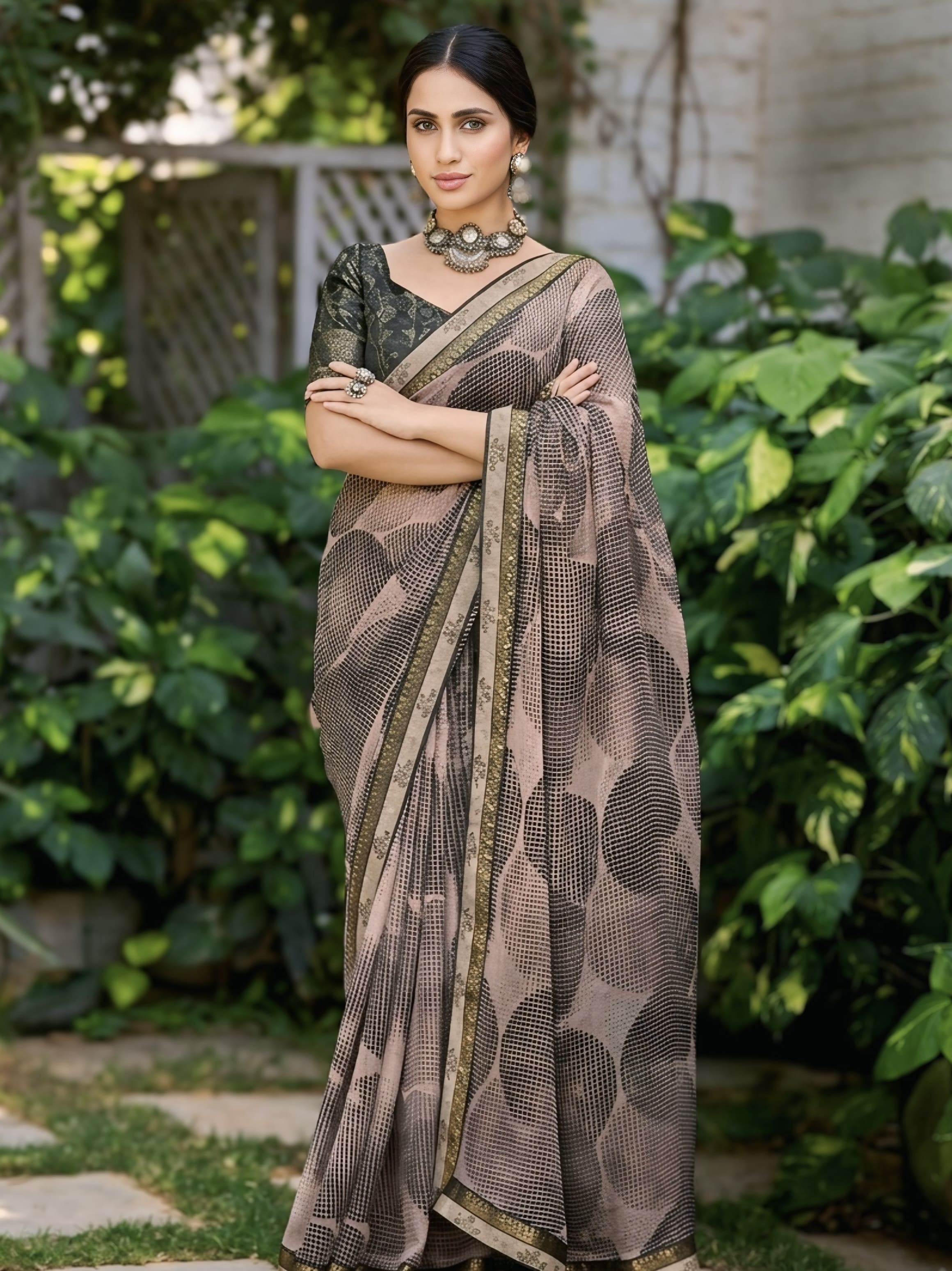 Brown  Zari Border Saree With Matching Blouse Piece