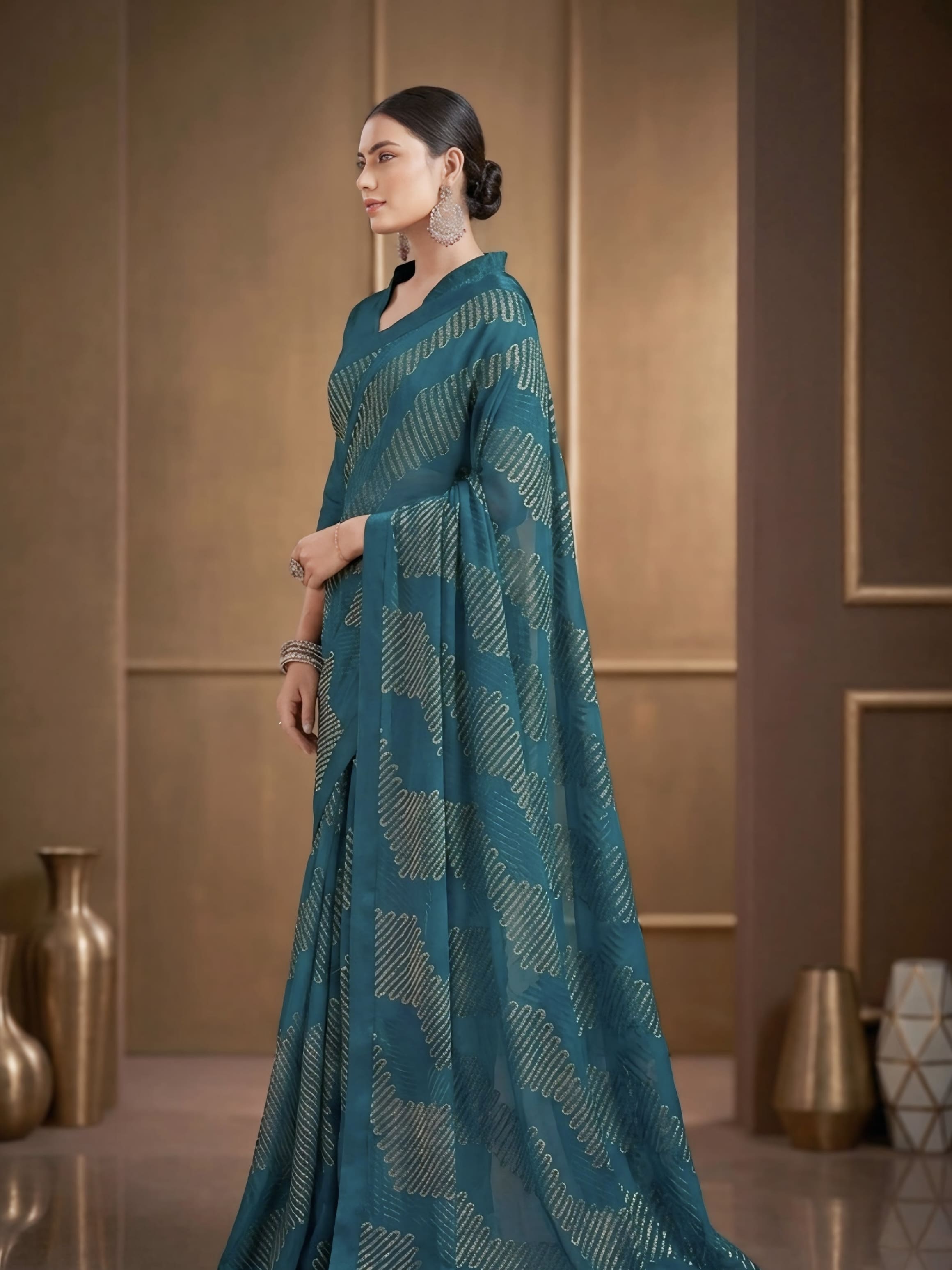 Green Foil Printed Silk Blend Saree with Matching Blouse