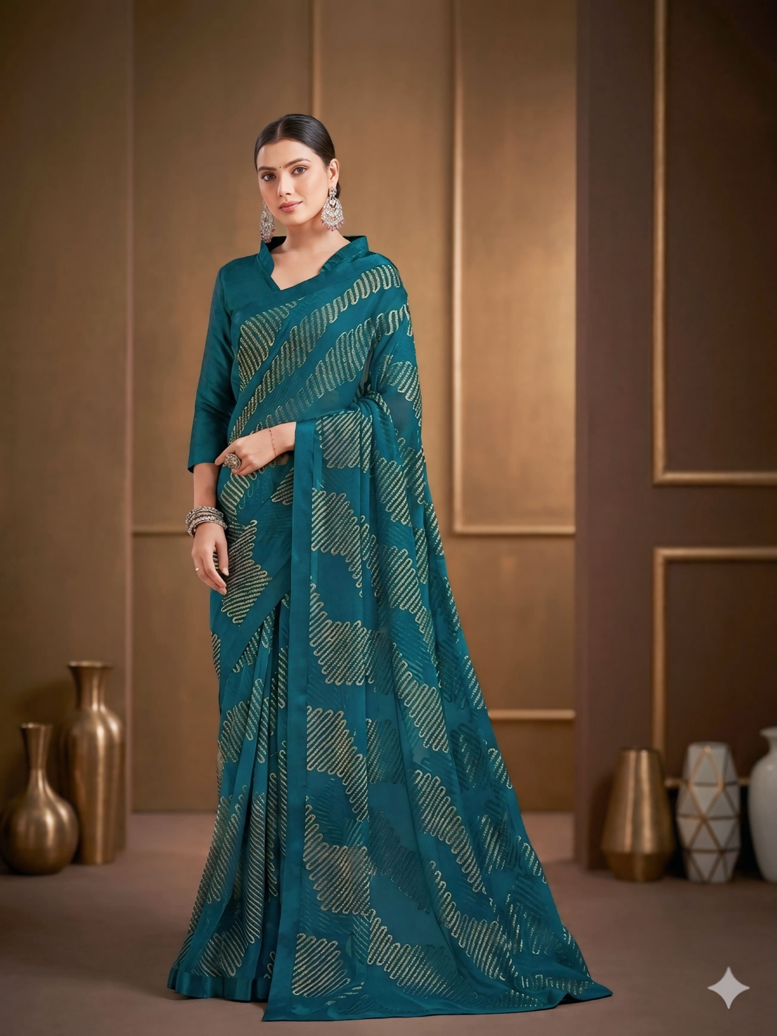 Green Foil Printed Silk Blend Saree with Matching Blouse