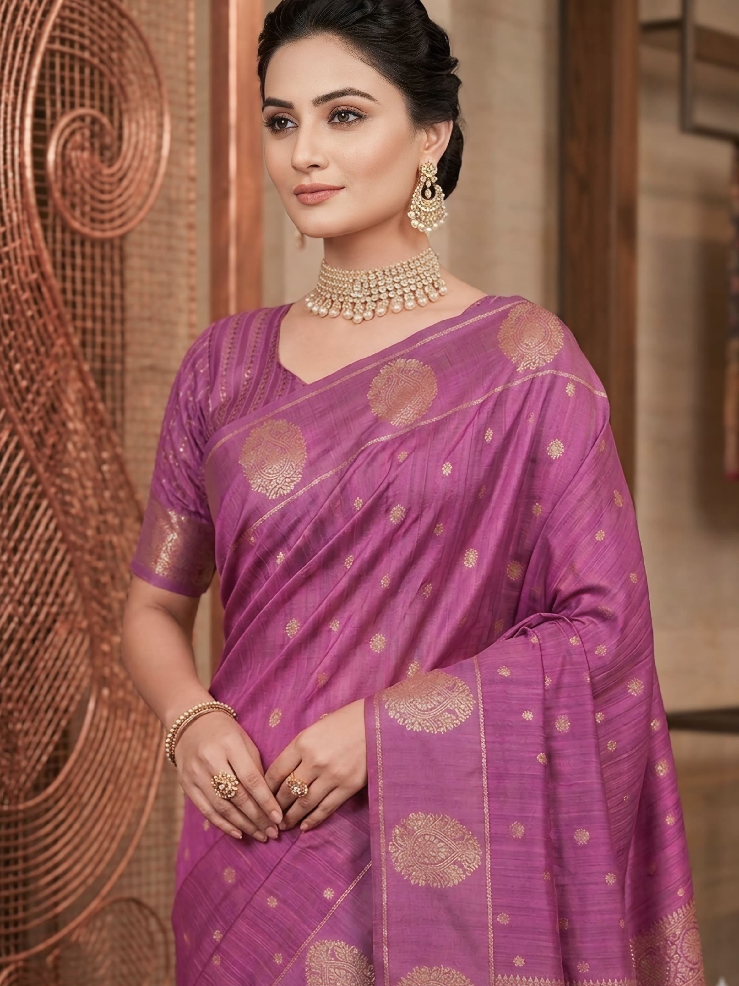 Lavender Silk Saree with Gold Zari