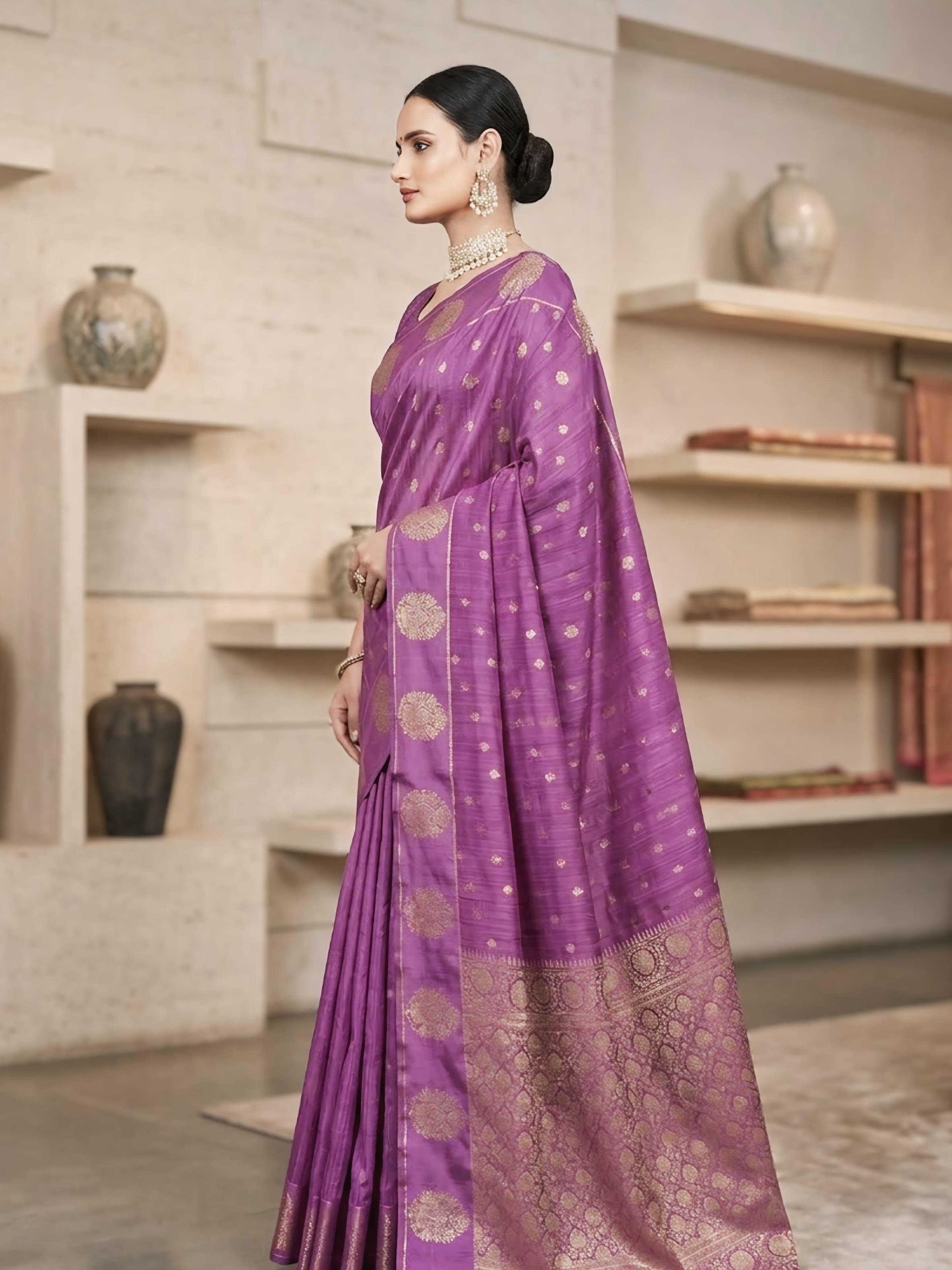Lavender Silk Saree with Gold Zari