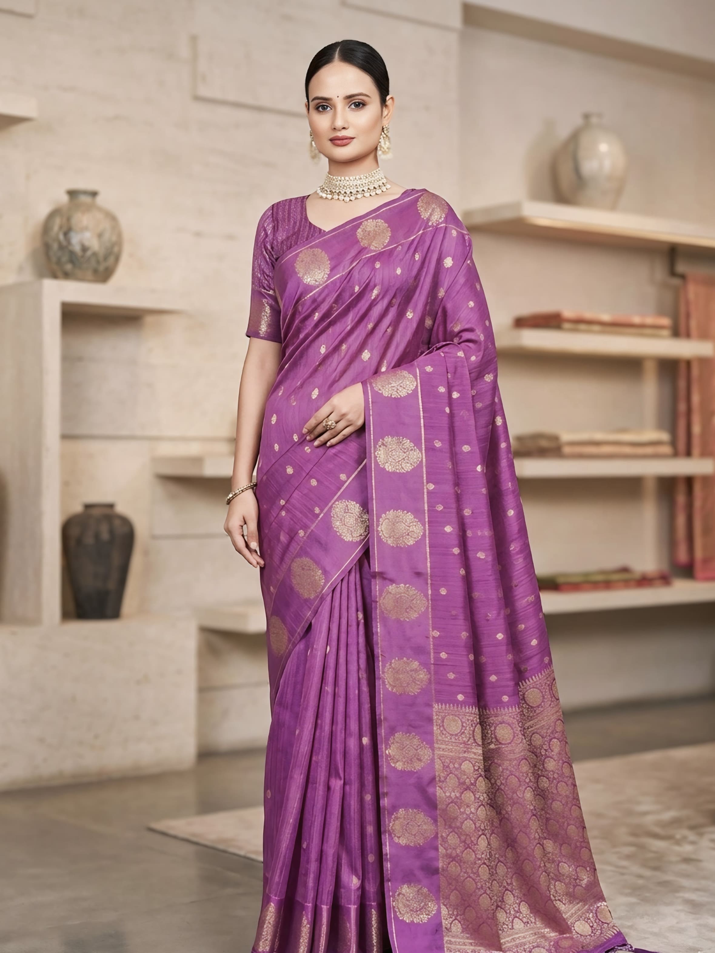 Lavender Silk Saree with Gold Zari