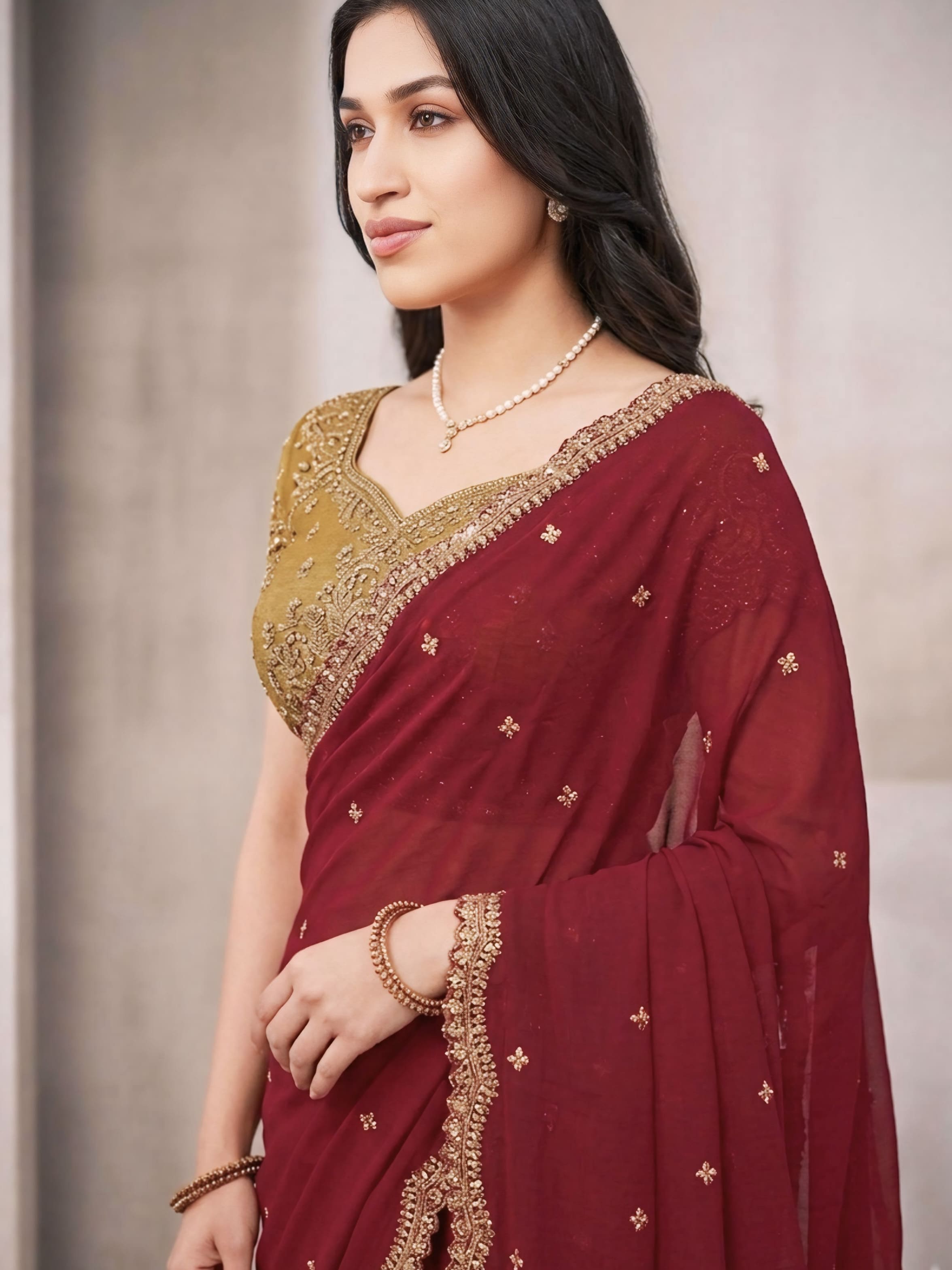 Red Saree With Gold Embellishments