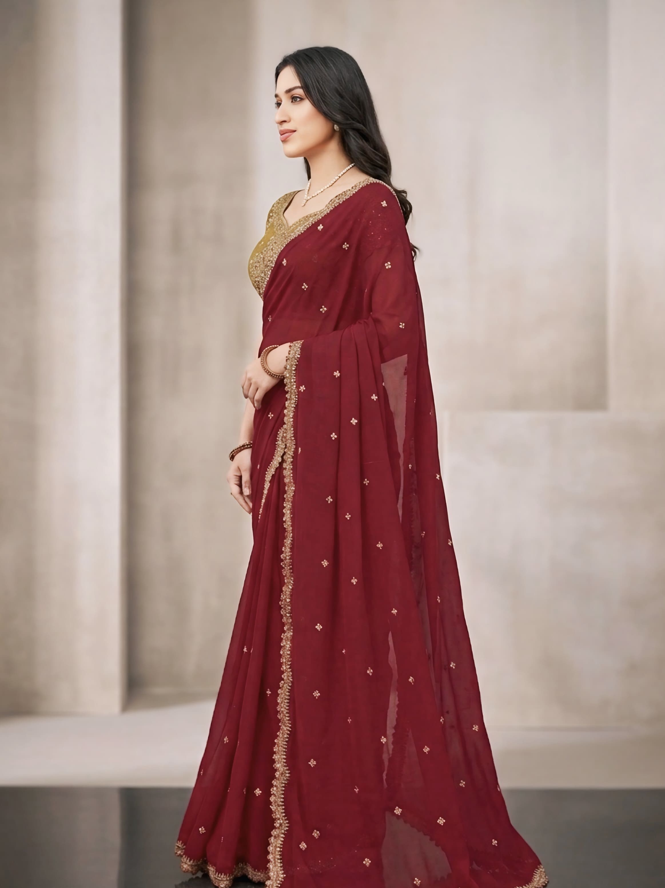 Red Saree With Gold Embellishments
